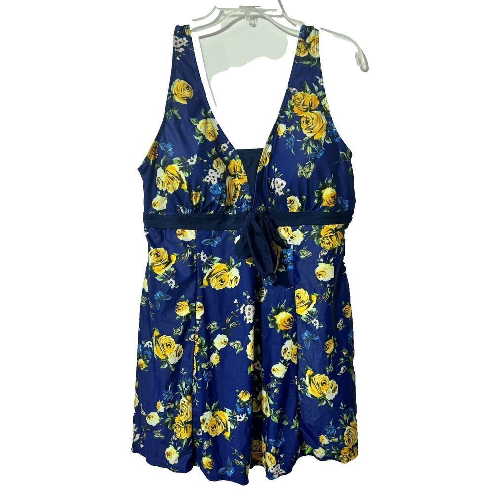 NWT Ecupper Womens Blue Lined Tie Front V-Neck Floral‎ One Piece Swim Dress 3XL